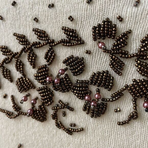 New NOS NWT Vintage 50s Beaded Pearl Button Cardigan Ivory Brown Wool S 40 - Picture 10 of 10